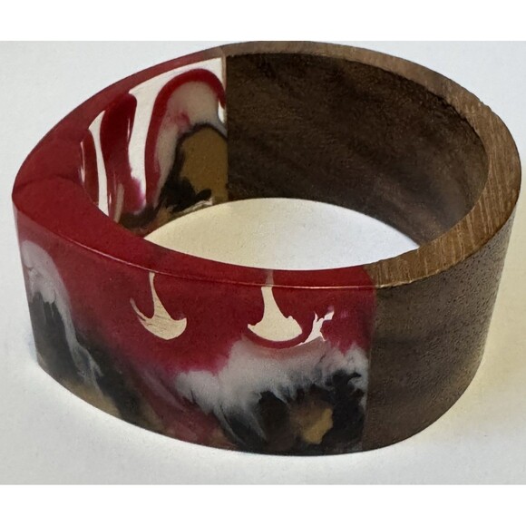 Vintage Resin Wood Chunky Statement Boho Bangle Bracelet Angular Inlay - Picture 5 of 12